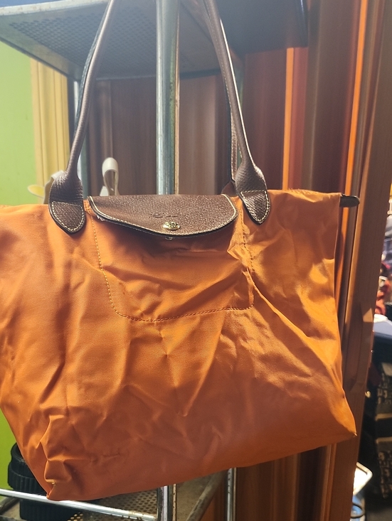 Longchamp Handbags - Longchamp Orange Nylon Tote with Brown Trim